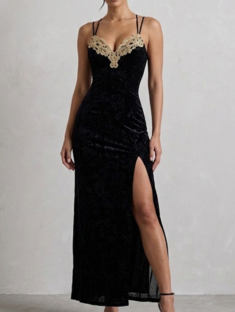 Vintage Nu-mode Black Maxi Dress with Gold Lace Accents